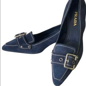 Prada Navy Suede Silver Buckle Detail Pumps
